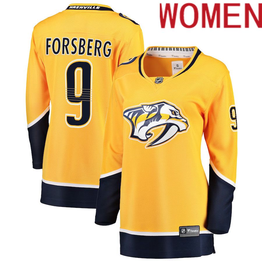 Women Nashville Predators 9 Filip Forsberg Fanatics Branded Gold Breakaway Player NHL Jersey
